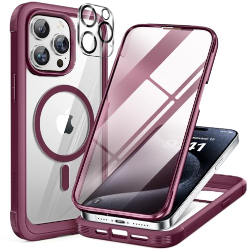 Image of Miracase for iPhone 15 Pro Max Case with 360 Magnetic Ring Stand [Compatible with Magsafe] Full-Body Drop Proof Bumper Phone Case with Built-in 9H Tempered Glass Screen Protector,Wine Red
