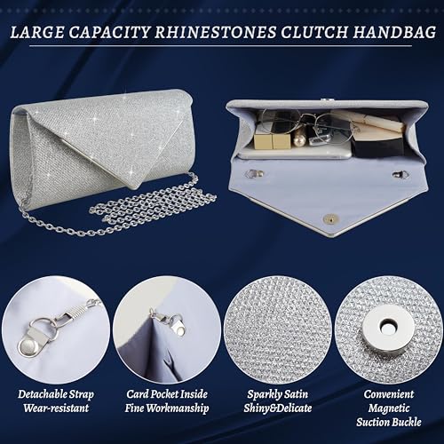 Image of 4Pcs Silver Clutch Bag Jewelry Set For Women Rhinestone Shiny Evening Purse Handbag Clutches Purses For Wedding Party Gift (Elegant Style)