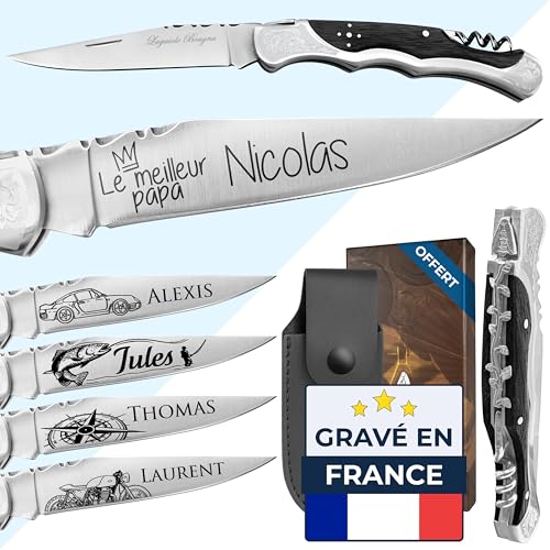 Couteau homme personnalisé - Marque laguiole gravé avec un prénom - Couteau pliant personnalisable - Cadeau Fête des pères - Idée cadeau pour homme, Papa...