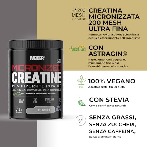 Weider Micronized Creatine Monohydrate Powder (310 G) Gusto Neutro. 99% Creatina Monoidrato Micronizzata 200 Mesh Ultrafine, Con Astragin, Vegana, Aumento Delle Prestazioni Fisiche - 3