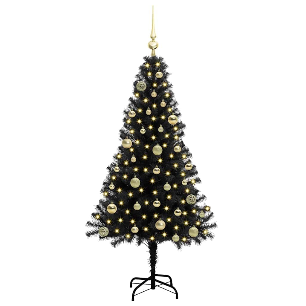 Choinka z 150 diodami LED o ciepłej białej barwie, wysokość 150 cm, czarna, PCW, smukła konstrukcja, do użytku wewnątrz i na zewnątrz, ze stojakiem i bombkami