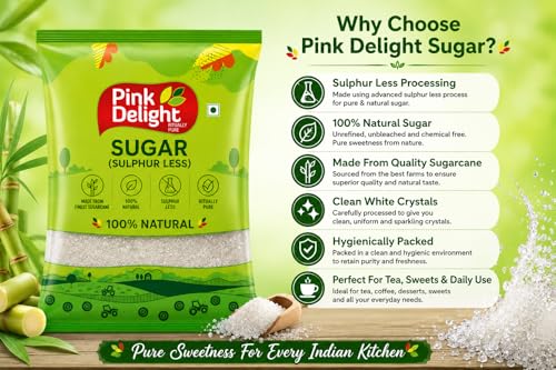 Image of Pink Delight Sulphur Less Sugar 1kg | Triple Refined White Crystal Sugar | Chemical Free Natural Sweetener | Hygienically Packed Pure Cane Sugar For Tea Sweets Desserts Daily Use