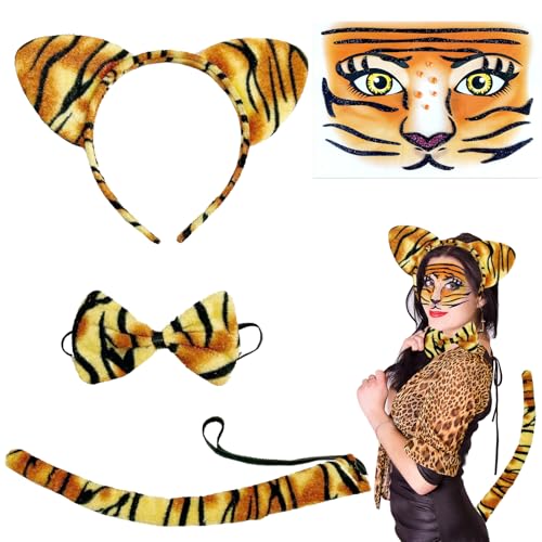 XIEXIESHER 4 piezas con Estampado de Tigre, Conjunto de Disfraces de Animales, Pegatinas de arte Facial de Tigre+Orejeras+Cola+Lazo, Adecuado para Fiestas de Halloween de Carnaval Infantil