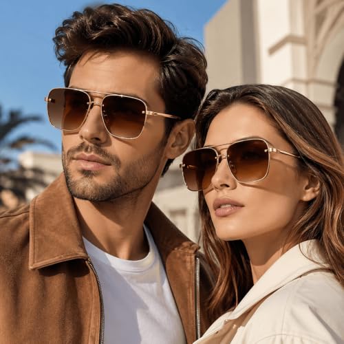 Image of Square Oversized Sunglasses for Men & Women | UV400 Protected Fashion Retro Metal Frame Sunglasses | Vintage Gradient Lens Stylish Eyewear for Driving, Travel & Outdoor