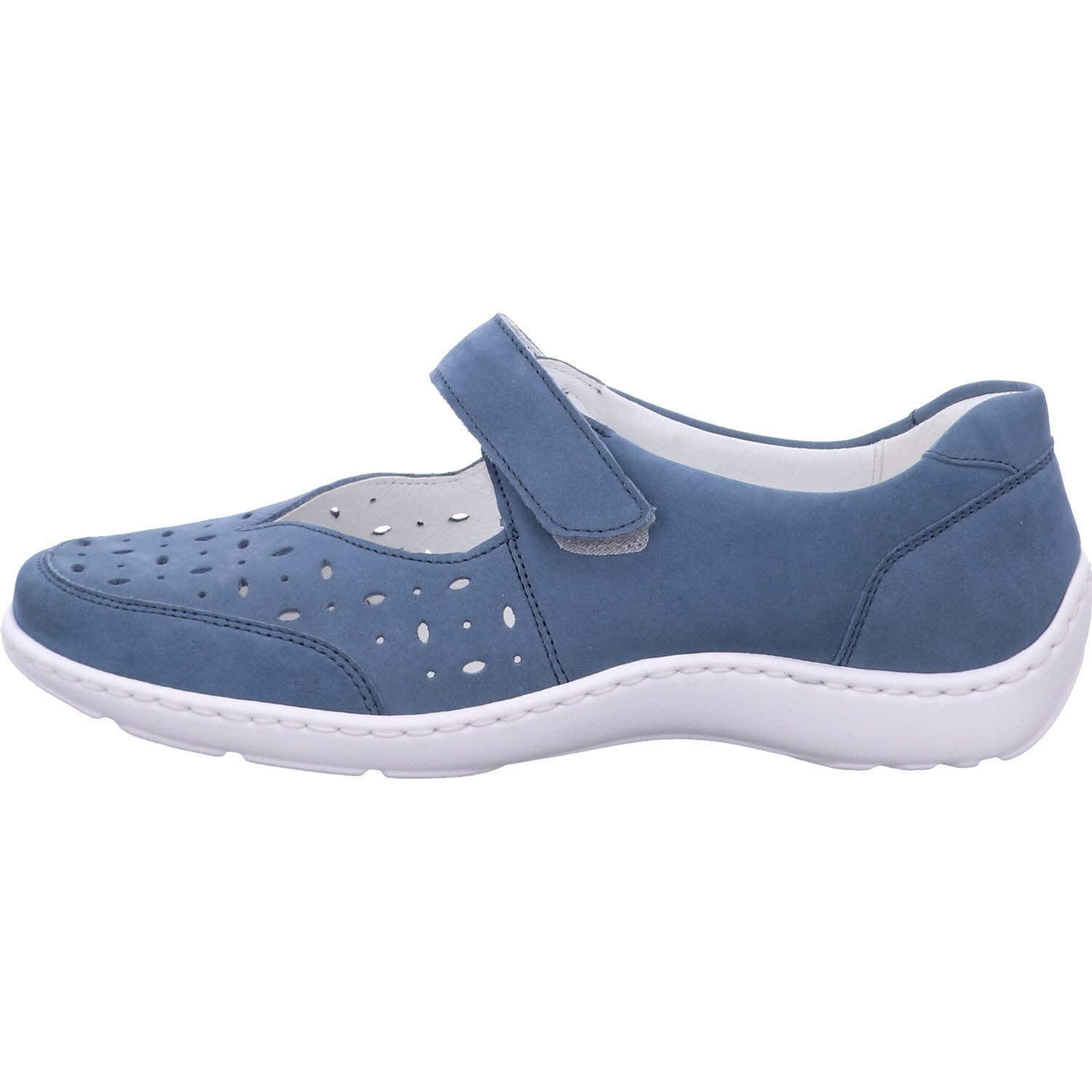 Waldläufer 496325 191 263 Denim Nubuck Leather Womens Wide Fit Mary Jane Shoes