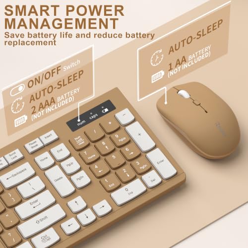 Image of Wireless Keyboard and Mouse Combo, Full-Sized Wireless Keyboard and Adjustable DPI Mouse, 2.4GHz USB Receiver, Keyboard and Mouse for PC, Windows, Desktop, Laptop (Mocha Color)