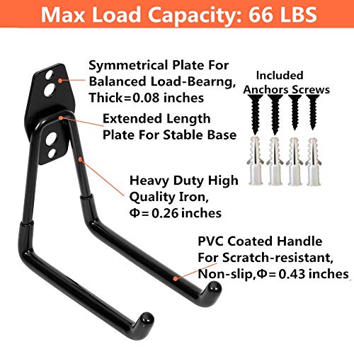 Yisunnan Garage Utility Double Hooks,Heavy Duty Steel Wall Mount Storage Organizer with Anti-Slip Coating,Load Capacity 66 LB (Black,2 Pack 5.1" + 4 Pack 3" Hook) - Image 6