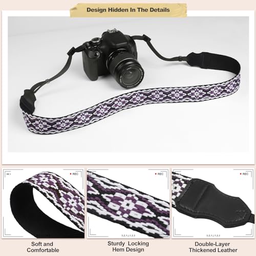 Image of Universal Camera Strap - Camera Neck Strap, Adjustable Shoulder Straps Compatible with Canon, Fujifilm, Nikon, Olympus, Panasonic and other SLR and mirrorless cameras - Purple and Black Geo