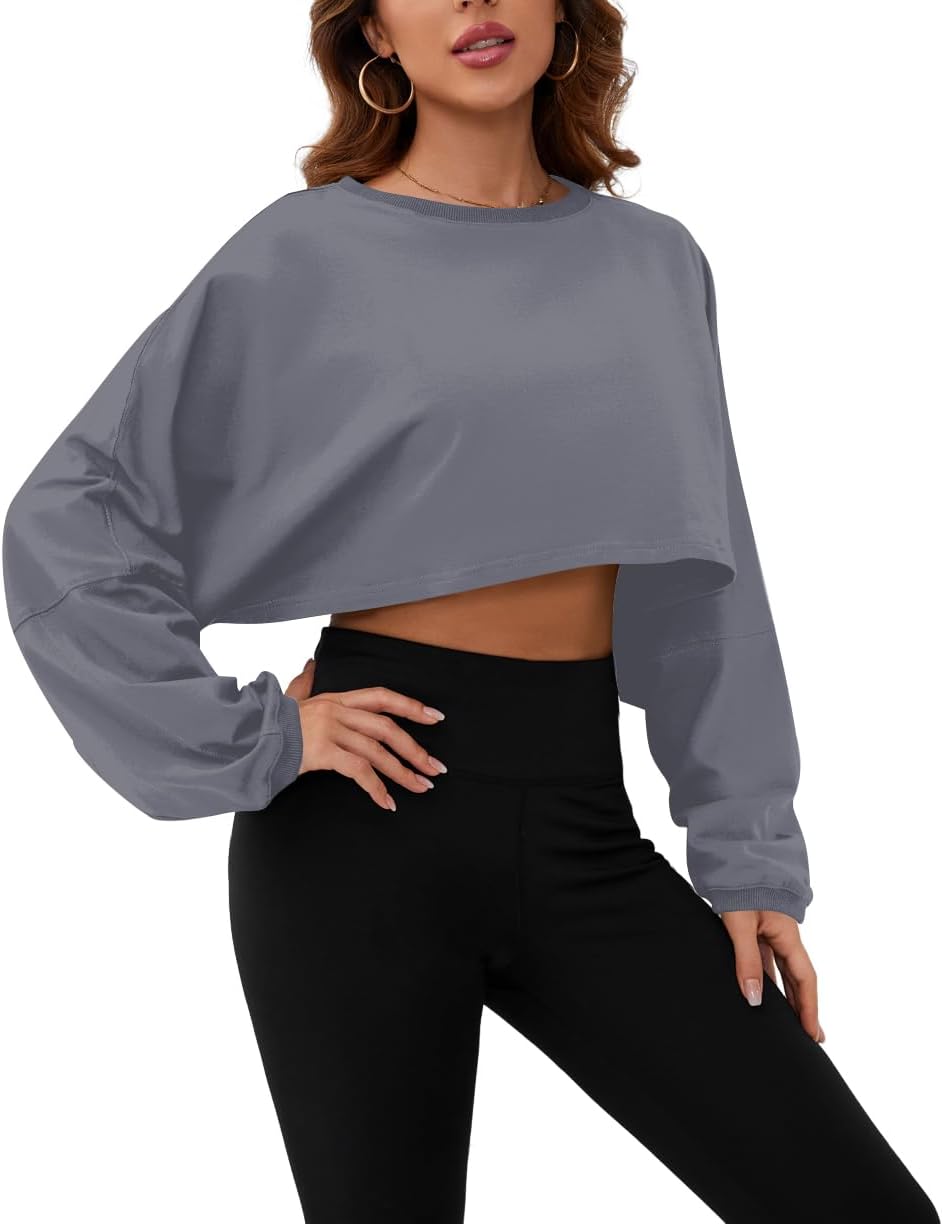 Meladyan Women Long Sleeve Crewneck Crop Top Tee Shirt Sweatshirt Casual Solid Loose Fit Workout Cropped Pullover Tshirt