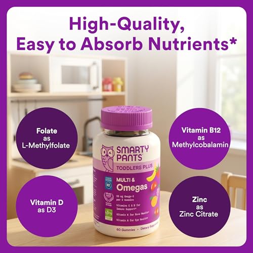 Image of SmartyPants Toddler Multivitamin Gummies, Omega 3 (DHA /EPA), Vitamins D3, C, Vitamin B12, B6, A, K & Zinc, Biotin, Gluten Free, Three Fruit Flavors, 60 Count (30 Day Supply)