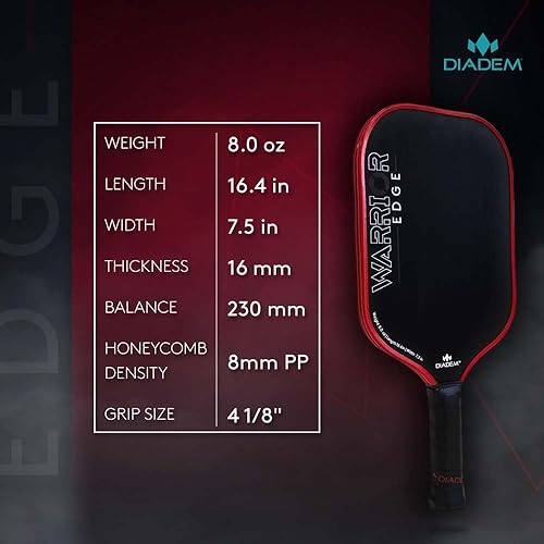 Miniatura 9 de Diadem Warrior Edge - Paletas de pickleball  Cara de carbono grabado para máximo giro, protector aerodinámico de 0.630 pulgadas, agarre máximo