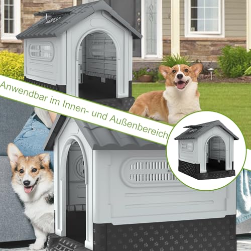 HENGMEI Hundehütte aus Kunststoff XL Haustierhaus Wasserabweisend 79.5×70.5×78cm Isoliert Hundezwinger Plastik mit erhöhtem Boden Schiebedach Katzenhaus Hundekäfig