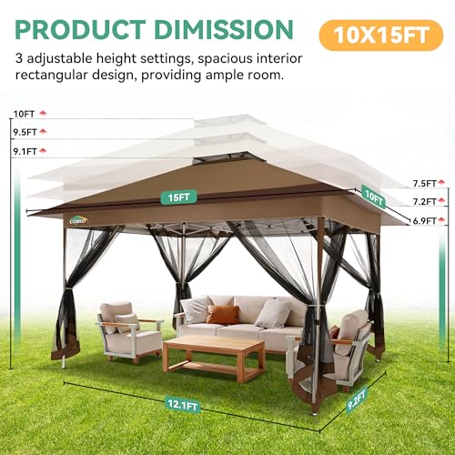 Image of COBIZI 10x15 FT Pop up Gazebo on Clearance - Outdoor pop up Heavy Duty Canopy Tent,carpas para Patio,Screen Tents with Portable Carry Bag, Patio Gazebos for Camping, Garden, Deck, Backyard, Brown