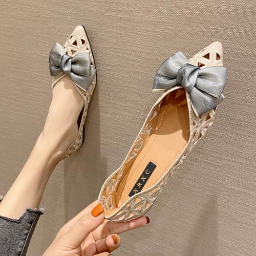 Women'S Hollow Leather Bow Breathable Ballet Flats,Fashion Pointed Toe Slip-On Comfortable Soft Sole Casual Shoes,for Office Work Walking Shoes3