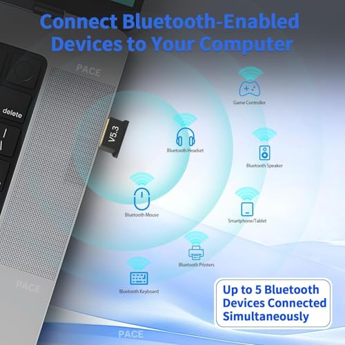 Image of USB Bluetooth Adapter for PC, 5.3 Bluetooth Dongle Receiver Windows 11 /10 /8.1 /7 for Desktop, Laptop, (USB Bluetooth Adapter)
