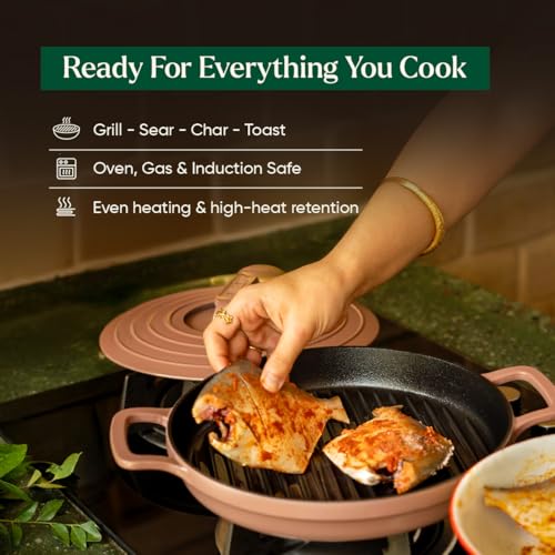 Image of Ember Cookware Pre-Seasoned Cast Iron Grill Pan 26 cm | 10-Year Warranty | Heavy Duty Induction Cookware | Cast Iron Cookware | Non-Toxic Tandoor Grill Pan for Kebab, Vegetables & Sandwich |Terracotta