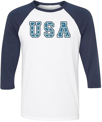 TeesAndTankYou Stars USA Three-Quarter Raglan Sleeve Baseball Shirt Unisex Medium White/Navy