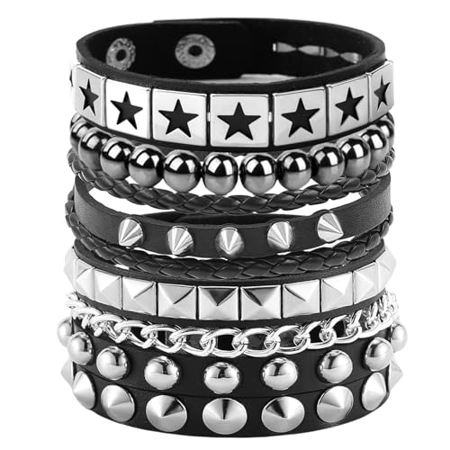 4Pcs/Set Fashion Street Hip Hop Leather Studded Cuff Bracelets Multiple Wristbands Bangle Emo Acceossries for 80s Punk Rock Concert Outfit