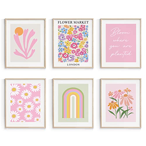 Habseligkeit Pink Danish Pastel Wall Decor for Girls Dorm, Boho Matisse Wall Art Prints, Flower Market Posters for Room Decor Aesthetic Unframed, 8x10in, Set of 6