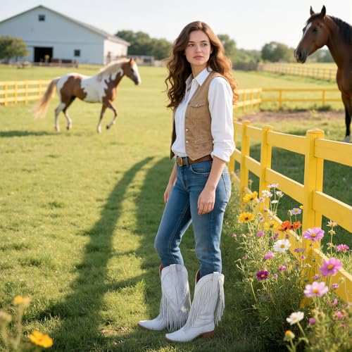 Image of Cowgirl Boots for Women Retro Pointed Toe Pull On Block Chunky Heel Embroide Tassel Country Concert Outfits Mid Calf Western Fringe Cowboy Boots