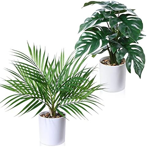Kazeila 2pcs Artificial Potted Plants,16 in Fake Palm Monstera Plants,Beautiful Faux Plants for Bathroom Shelf Bedroom Table Home Office Desk Decoration Cover