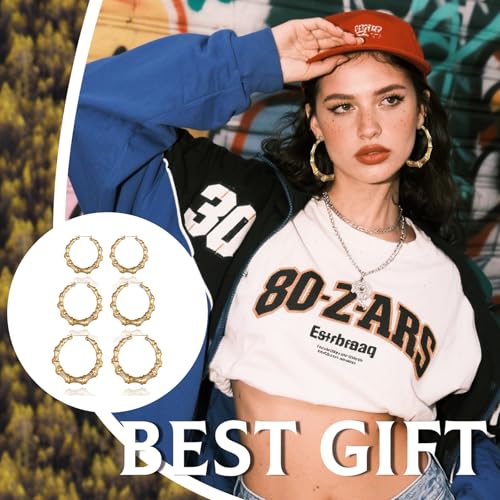 Bamboo Earrings 90s Outfits for Women Large Gold Bamboo Hoop Earrings 80s 90s Earring Jewelry Hip Hop Party Costum Accessories Gifts4