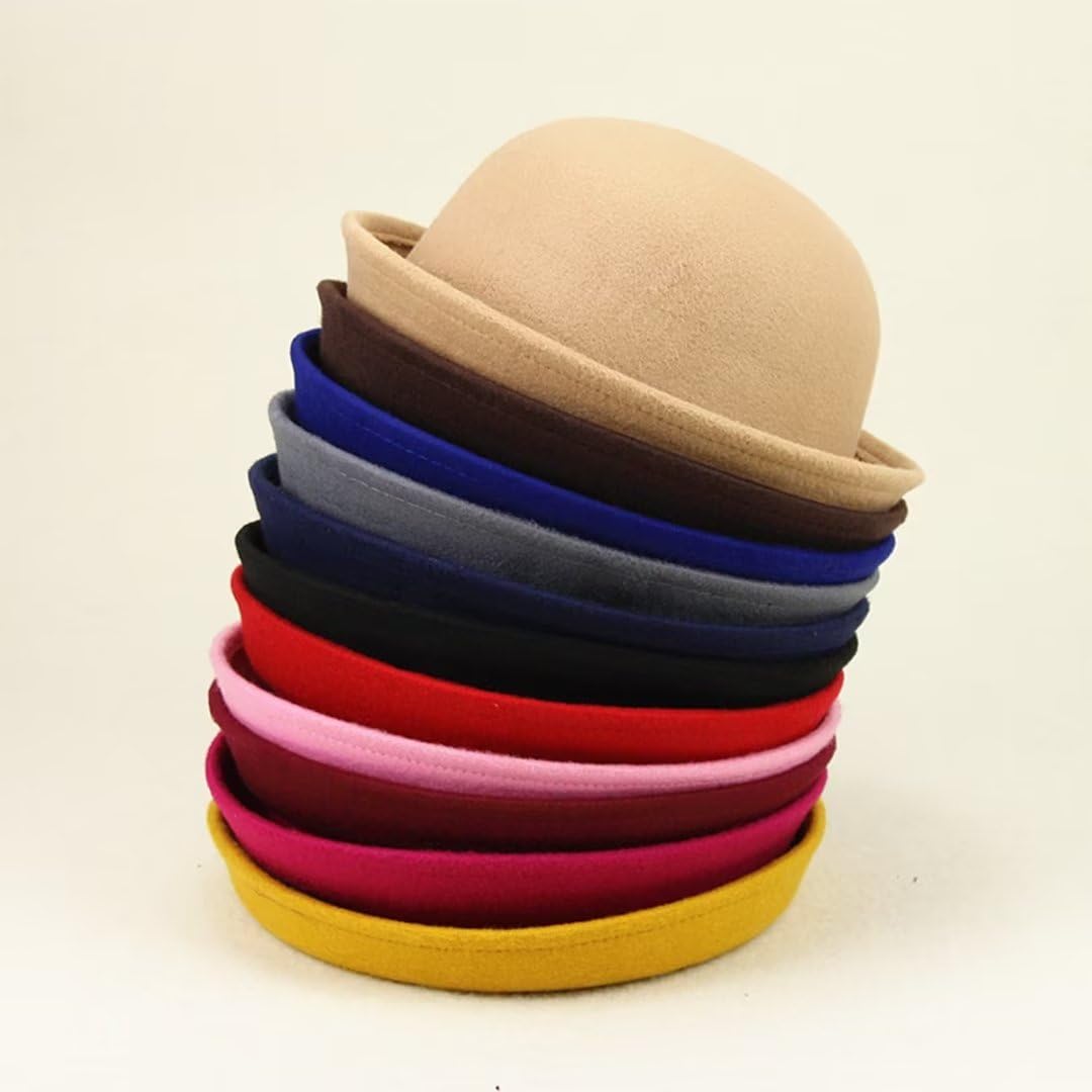 Chapeaux De Derby Ronds pour Enfants, Filles Et Garçons, Chapeau Seau Panama à Bord Retroussé, Feutre De Laine, Chapeaux Melon Ronds élégants, Tour De Tête 54cm