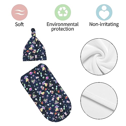 Image of Cartoon Space Newborn Swaddle Blanket with Hat Sets Newborn Receiving Blanket for Boy Girl Swaddle Sack Shower Infant Gift