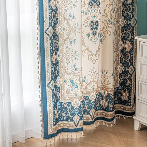 Image of Teal Medallion Curtains 72 Inches Long, Boho Farmhouse Light Filtering Rod Pocket Drapes with Tassel Trim for Bedroom Living Room, 2 Panels