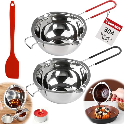 TLDNZXY 2 Stück Schmelztopf Kerzen 480ml Schokoladen Schmelztiegel Wasserbad Schmelzschale aus Edelstahl 304 mit Silikon Spatel für Schokolade Zucker Butter Käse Karamell Kerz