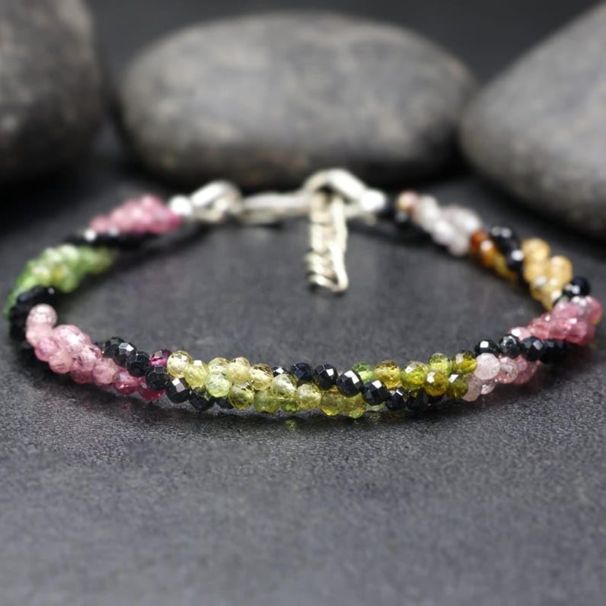 Multi Tourmaline Round Beaded Bracelet, Adjustable