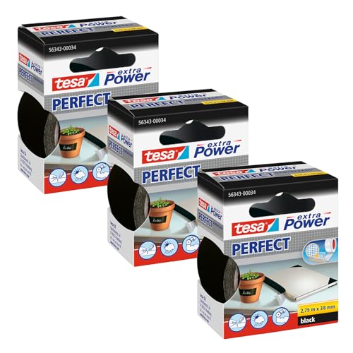 tesa extra Power Perfect Gewebeband - 3er-Pack - Schwarz - 2,75 m x 38 mm – Ansicht 1