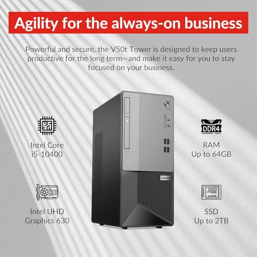 Image of Lenovo V50t Gen 2 Business Tower Desktop, Intel Core i5-10400, 16GB RAM, 1TB SSD, DVD-RW, HDMI, RJ-45, DP, Wi-Fi, Windows 11 Pro, Grey