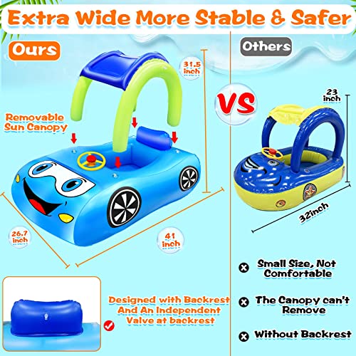 [ Safer & Larger ] Baby Pool Float With Removable Canopy, Car Shaped Baby Swimming Float Boat Toy With Sunshade No Flip Safety Seat Swim Ring Summer Beach Floatie For Kids Infant Toddlers 6-48 Months #TOP1