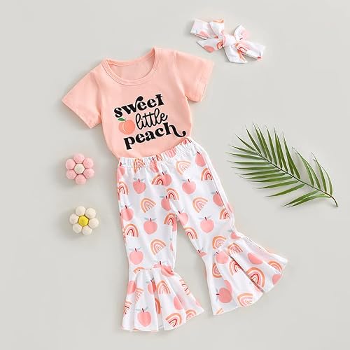 Toddler Baby Girl Summer Clothes Letter Print Short Sleeve Shirt And Peach Bell Bottoms Infant Summer Clothing (Pink Peach,18-24 Months) #TOP3