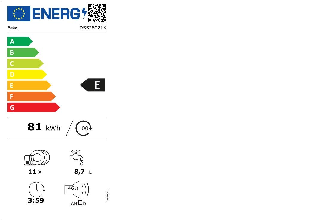 Beko DSS28021X Teilintegrierter Geschirrspüler 45 cm, 10 Maßgedecke, Energieeffizienzklasse E, 8 Programme, Quick&Shine, HygieneIntense, Watersafe+, Edelstahlblende