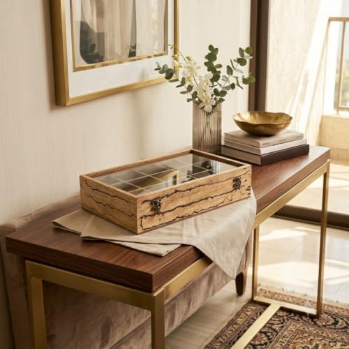 Image of Wooden Watch Box Organizer for Men - 12 Slot Watch Display Case with Glass Lid, Rustic Live Edge Wood Storage Box, Locking Clasp, Includes Key - Holds Watches, Bracelets & Jewelry