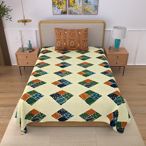 Image of 100% Cotton Single Bedsheet with 1 Pillow Cover | 240 TC Pure Cotton Flat Bed Sheet | Traditional Jaipuri Printed Bedding Set | Soft & Breathable | 60 x 90 Inch (Rangmahal Single 72)