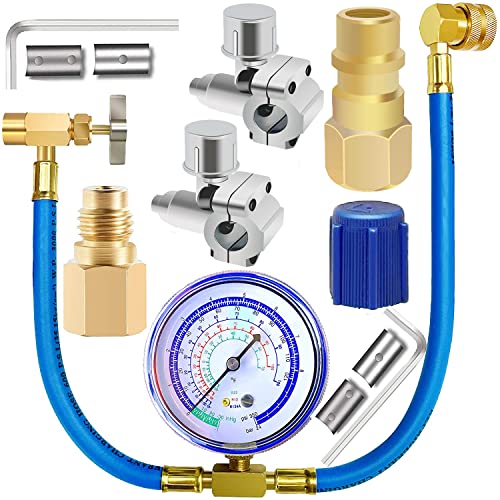 Refrigerator Freon Recharge Hose with Gauge Kit-A/C R134a R12 R22 Universal Retrofit Valve with BPV31 Bullet Piercing Tap Valve R134a Self-Sealing Adapter for Home/Car A/C Refrigerant System (5)