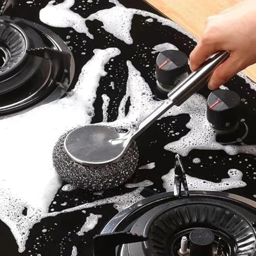 Image of OXSAM Dish Scrubber Brush, ‎Stainless Steel Scrubber with Long Wool Handle for Dishes Cookware Cleaning, Steel Sponge Ball Brush for Home and Office Tiles