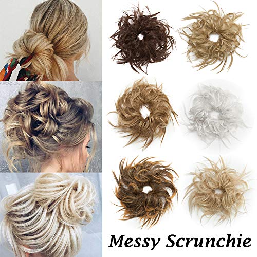 Messy Scrunchie Hair Bun Extension With Elastic Rubber Band Wrap On Fluffy Hair Extensions Updo Chignon Donut Messy Ponytail Hairpiece Tousled Hair Bun Synthetic (Ash Blonde Mix Bleach Blonde)