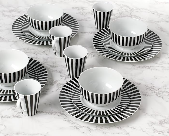 24pc Stripe Porcelain Dinner Set - Black