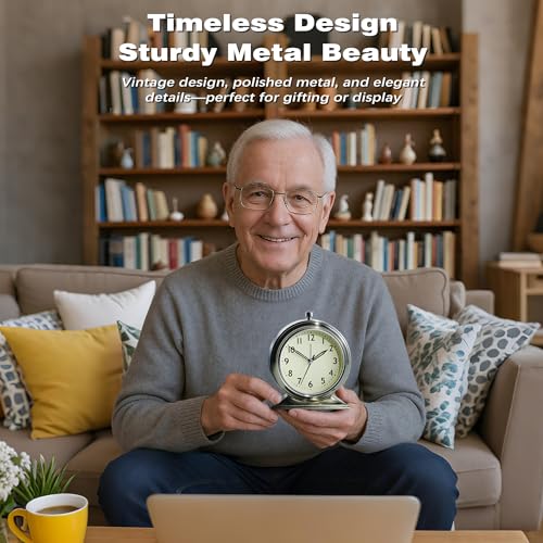 AYRELY® 4-inch Battery Operated Alarm Clock Silent Analog Desk Clocks with Light Vintage Metal Table Clock for Living Room Shelf Bedside Home Decor (Gold) - Thumbnail 3