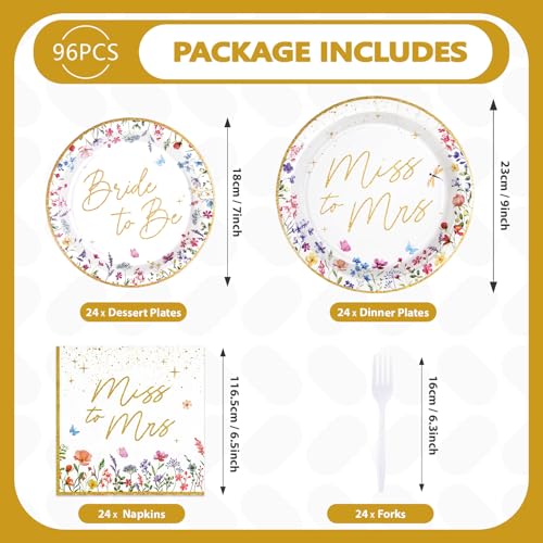 Image of Greencian 96Pcs Wildflower Floral Bridal Shower Party Decorations Serve 24 | Watercolor Floral Miss to Mrs Plates Napkins Gold Foil Tableware Sets Bride to Be for Women Wedding Engagement Party Favor