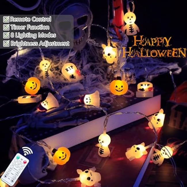 Outdoor Battery Operated Halloween String Lights, 15FT with 30 LED Bat, Tombstone, Pumpkin, Ghost - Timer & Cute Spooky Design for Home Party Porch Decor