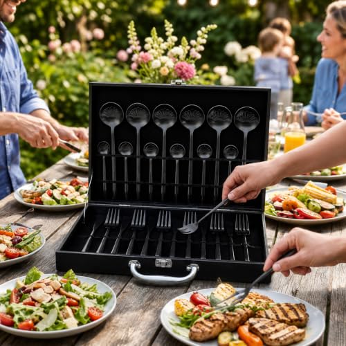 Image of 24-Piece Black Stainless Steel Cutlery Set with Premium Storage Textured Plastic Box | Mirror Finish Flatware for 6 | Dinner Spoons, Forks, Knives & Teaspoons | Luxury Gift Set