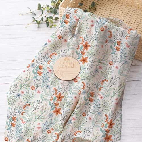 Image of Newborn Swaddle Set with Matching Hat and Bow Set, Floral Baby Girl Newborn Receiving Blankets Baby Swaddle Nursery Wildflower Baby Blanket, Wooden Birth Announcement Card