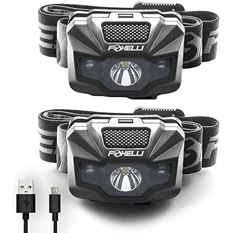 Foxelli LED Head Torch Rechargeable [2-Pack] - Ultralight USB Rechargeable Headtorch for Adults & Kids, Waterproof Headlamp with Red Light for Running, Camping, Fishing & Outdoors Cover