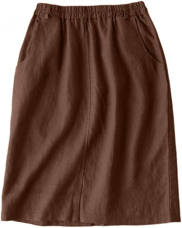 IDEALSANXUN Womens Linen Skirt Spring Summer High Elastic Waist Midi Skirt with Pockets