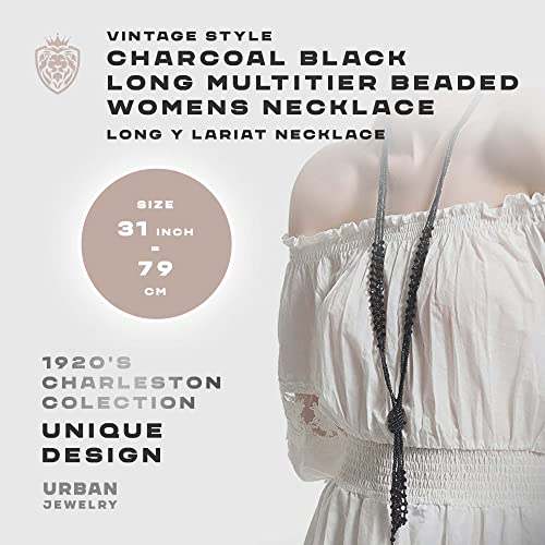 Urban Jewelry Vintage-Inspired Charcoal Black Beaded Necklace for Women – 1920s Gatsby Lariat/Y Style – Multitier Design – 20" to 37" Lengths Available2